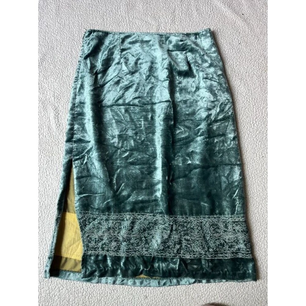 Vintage 90s Free People Green Velvet Midi Skirt Slit 5/6